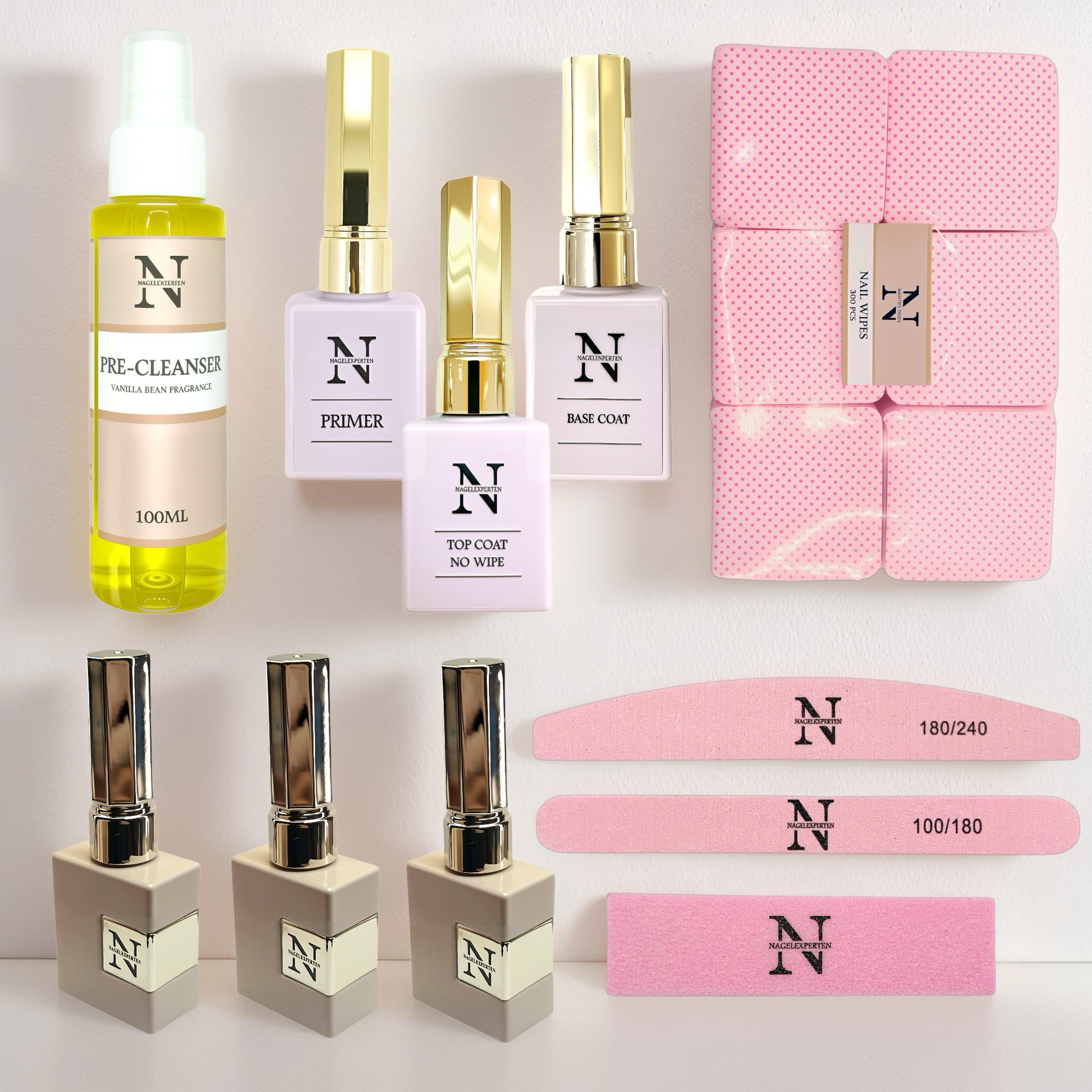 Gellack startkit med tre gellack, base coat, top coat, primer, cleanser, nagelfilar, buffer och nail wipes - komplett nagelkit för gellack-naglar hemma.