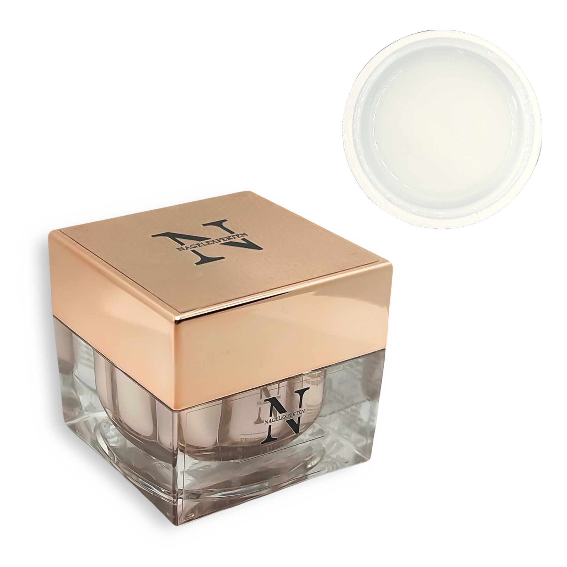 Mjölkvit builder gel från Nagelexperten i rosa burk för nagelförlängning.