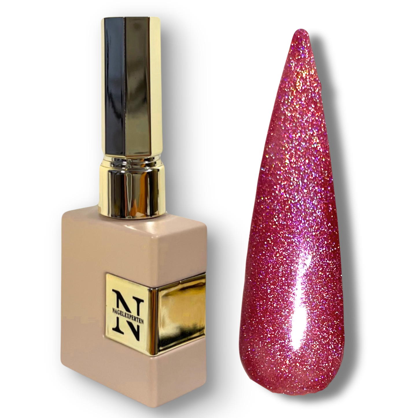 Beige flaska med guldigt lock innehållande gellack och nageltipp målad med rosa glittrigt nagellack.