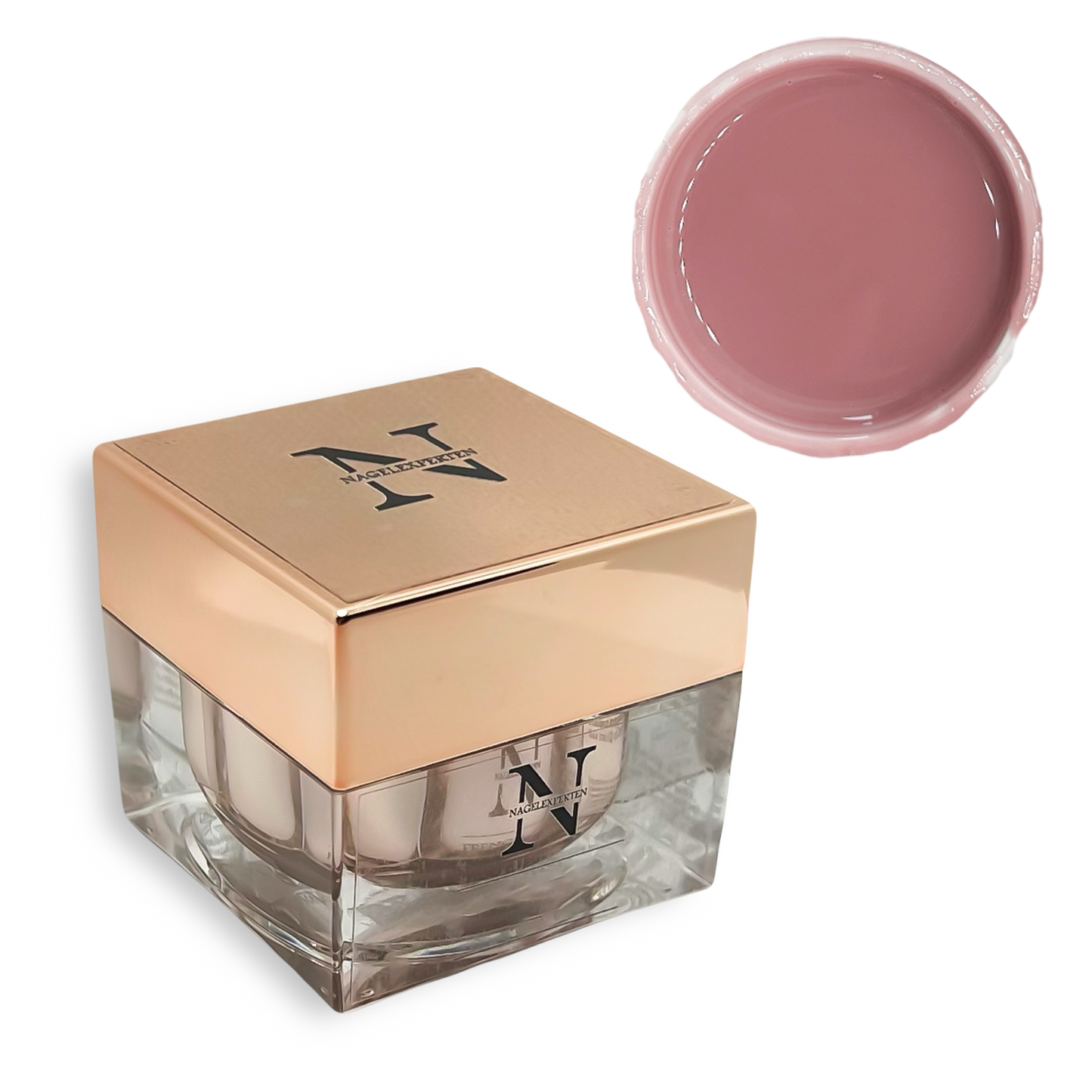 Nagel gele i färgen rosa nude för nagelförlängning i guldig fyrkantig förpackning.