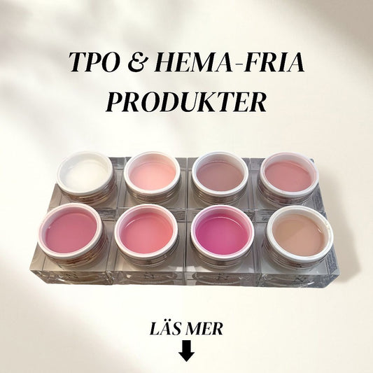 8 stycken builder gels i olika färger med en text som säger att dom är TPO och HEMA-fria.
