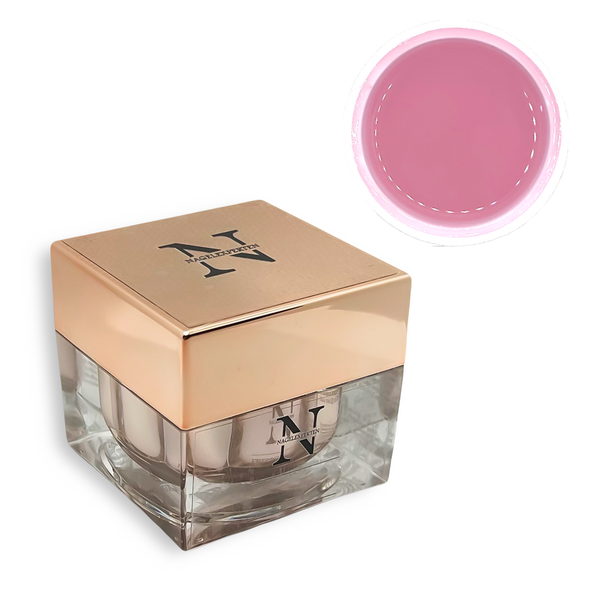 Fyrkantig burk fylld med rosa builder gel för gelenaglar.
