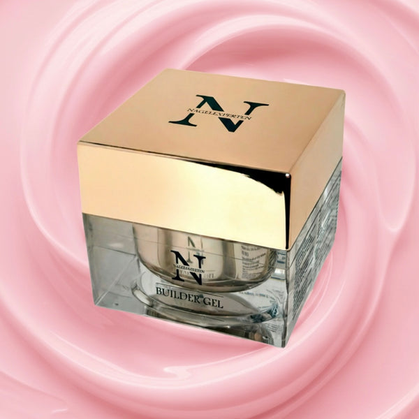 Burk med builder gel i ljusrosa färg.