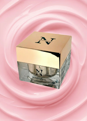 Burk med builder gel i ljusrosa färg.