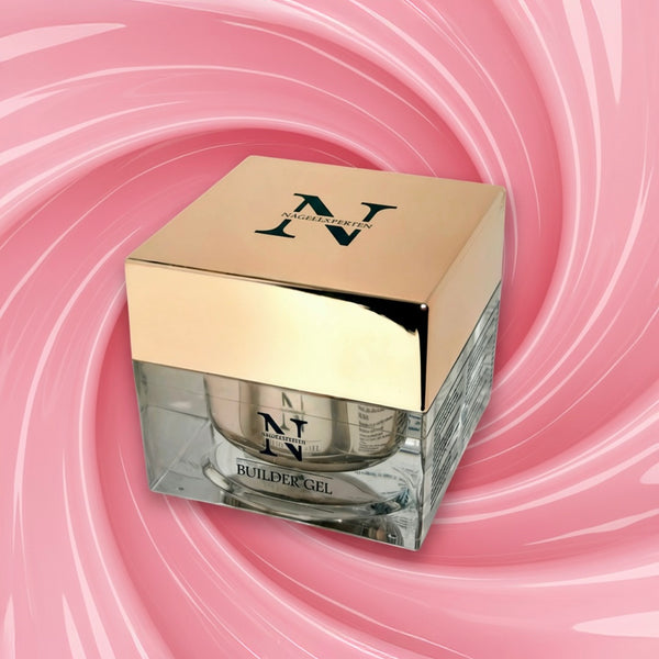 Burk med builder gel i rosa färg.