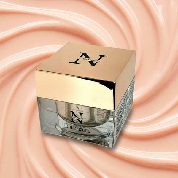 Burk med builder gel i nude och rosa färg.