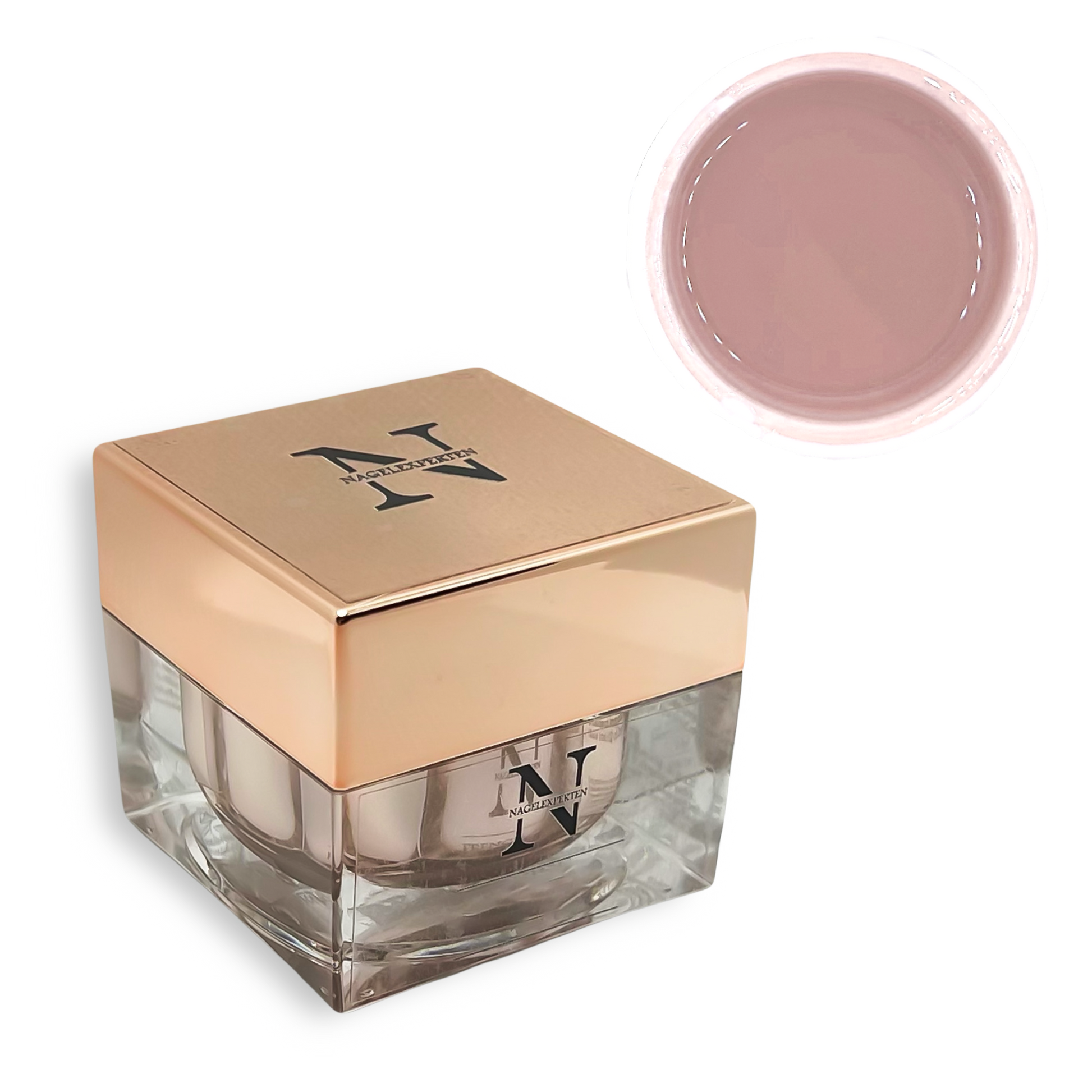 Burk innehållande beige builder gel för nagelförlängning. Bakgrunden är transparent.