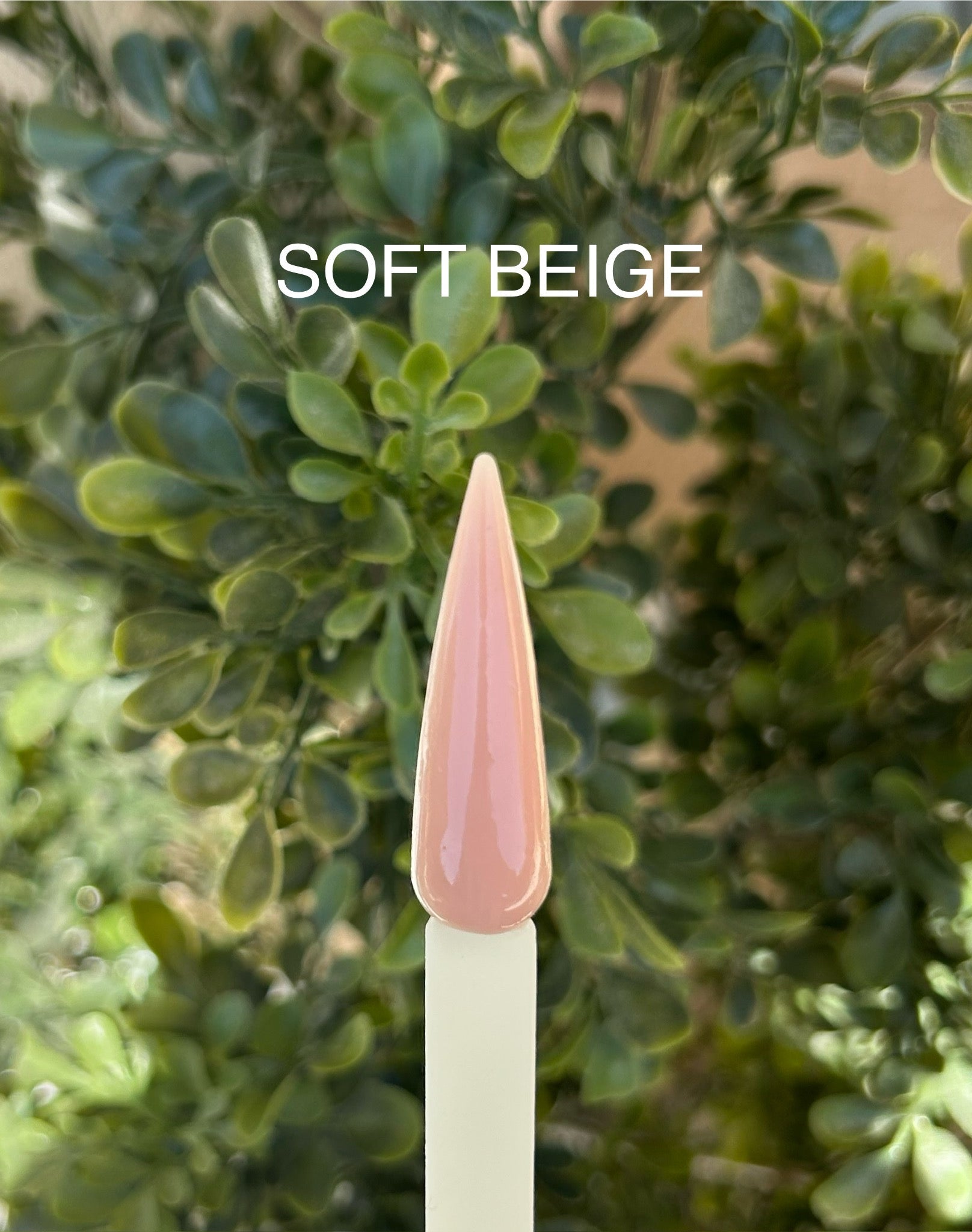 Nageltipp med beige builder gel för nagelförlänging - bakgrunden är grön.