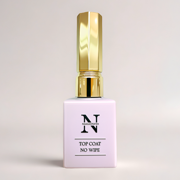 Lila nagellacksflaska med guldigt lock och vit bakgrund innehållande top coat för försegling av nagelprodukter.