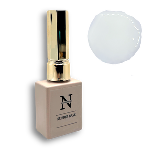 Beige flaska med guldigt lock innehållande 11ml rubber base i vit färg för nagelförstärkning.