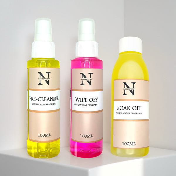 Nagelkit med tre sprayflaskor – cleaner, nagelborttagning och vätska för att ta bort klibbig yta efter UV-härdning.