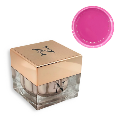 Fyrkantig glasburk innehållande builder gel för nagelförlängning i knall rosa färg från Nagelexperten.